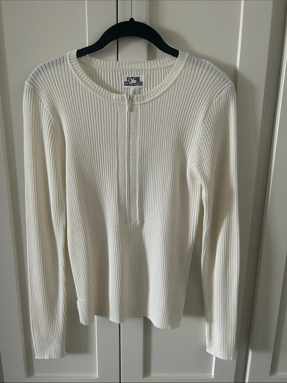 Future Collective Women's Cream Ribbed Zip-Front Sweater